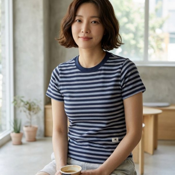 뉴발란스 일상복 운동복 반팔티 반팔 티셔츠티 에센셜 핏티드 스트라이프 여성 네이비 여름 티셔츠티셔츠 1833
