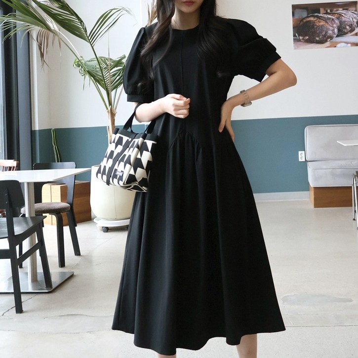 메리앤유 퍼프셔링 반팔소매 루스핏 데일리원피스