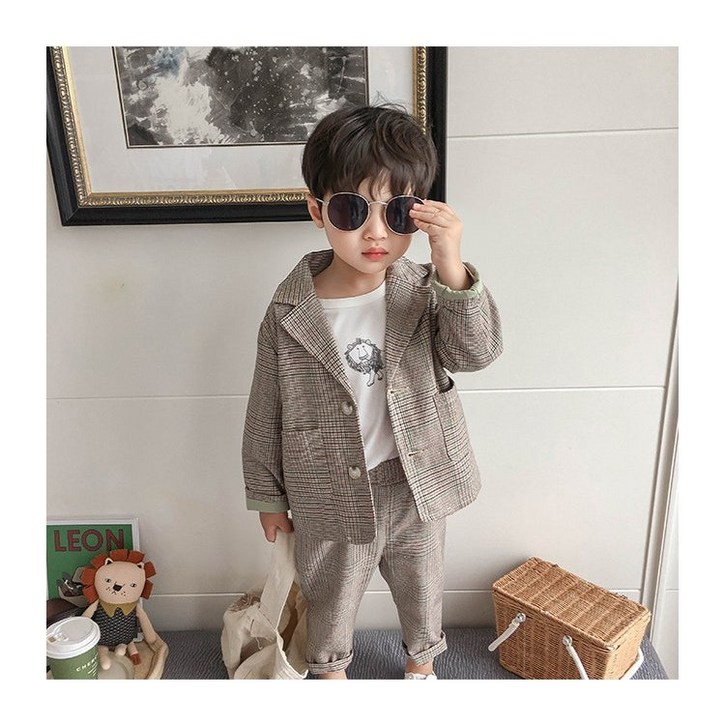 해피팡팡   키즈 봄 가을 남녀공용 체크자켓  바지세트  댄디체크정장세트  2종셋   남아체크정장세트, 남아가을정장, 캐주얼  정장수트 남아의류 상하의세트  하객룩