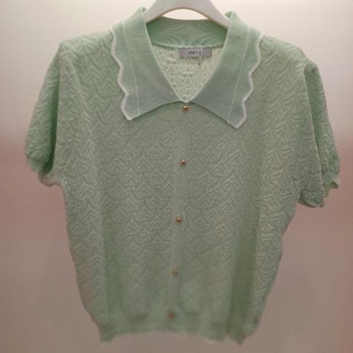 Destijl HC06 짧고 부드러운 비스코스 깔끔한 펀칭 데일리 나비 카라 반팔 니트티 D2