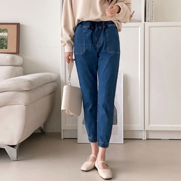 제로시아 여성용 캐주얼 밴딩 조거 청바지 9부 스판