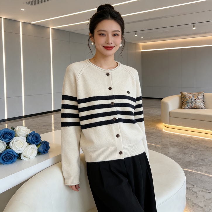흑백스트라이프 단추 니트 카디건 여성 오버핏 내추럴 캐주얼 베이직