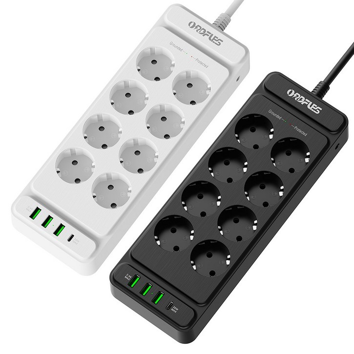 ORDFLES USB 멀티탭 3A1C PD20W 4000W 고용량 과부하차단, 8구  블랙, 1개, 2m