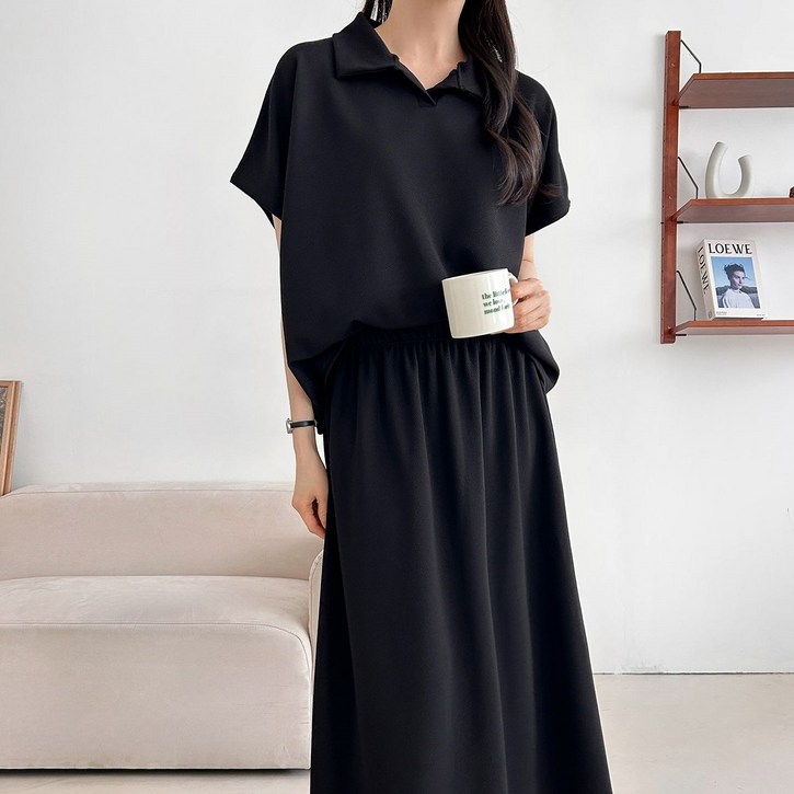 더한땀 여성 반팔 카라티 스커트 상하의 세트 빅사이즈 투피스