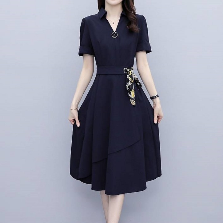 잇츠스타일 여성 V넥 캐주얼 실키 네이비 블루 슬림핏 우아한 모임룩 미디원피스