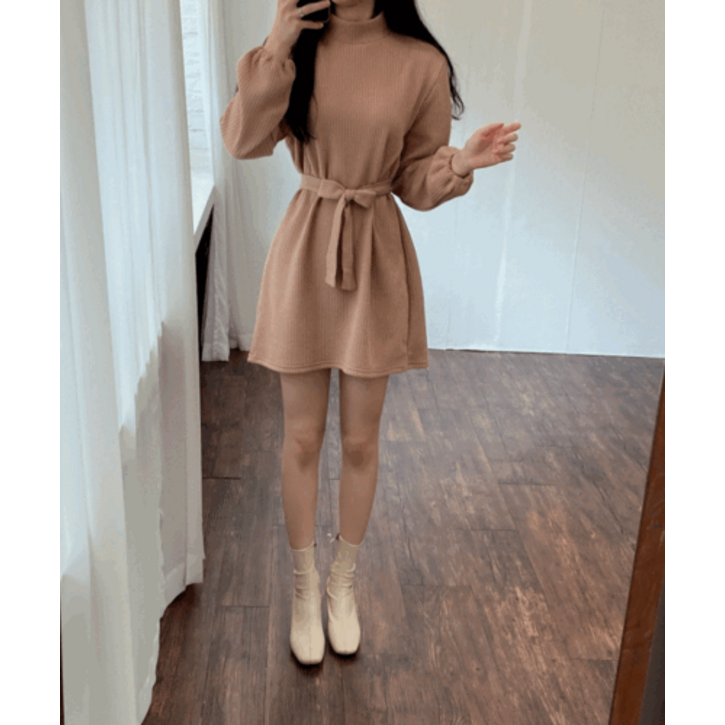 추천니트 골지 반목 하이넥 벨트 미니 원피스