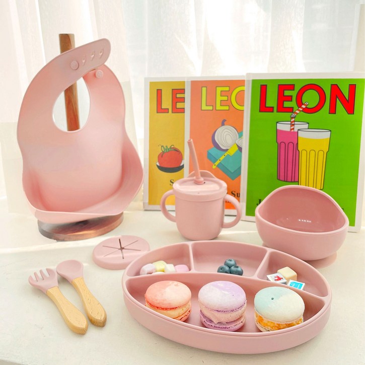 어부바바 실리콘 유아 식기 아기 선물 세트, 핑크(쇼핑백 포함 기프트 세트)