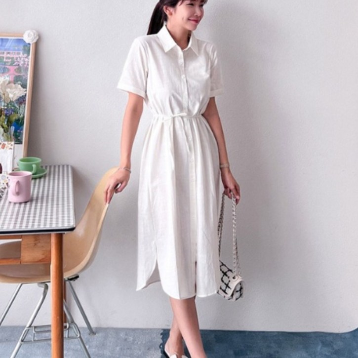 인플리에 여자 (S~2XL) 면 마 린넨 셔츠 원피스