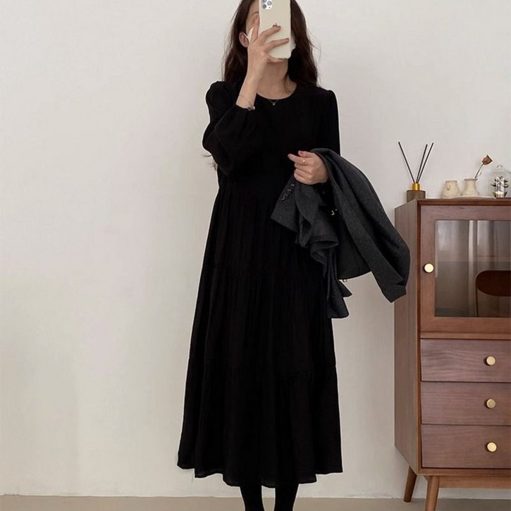 빅사이즈 여성 고급 라운드 긴팔 원피스 가을 원피스 루즈핏 플레어 롱스커트 하객 원피스