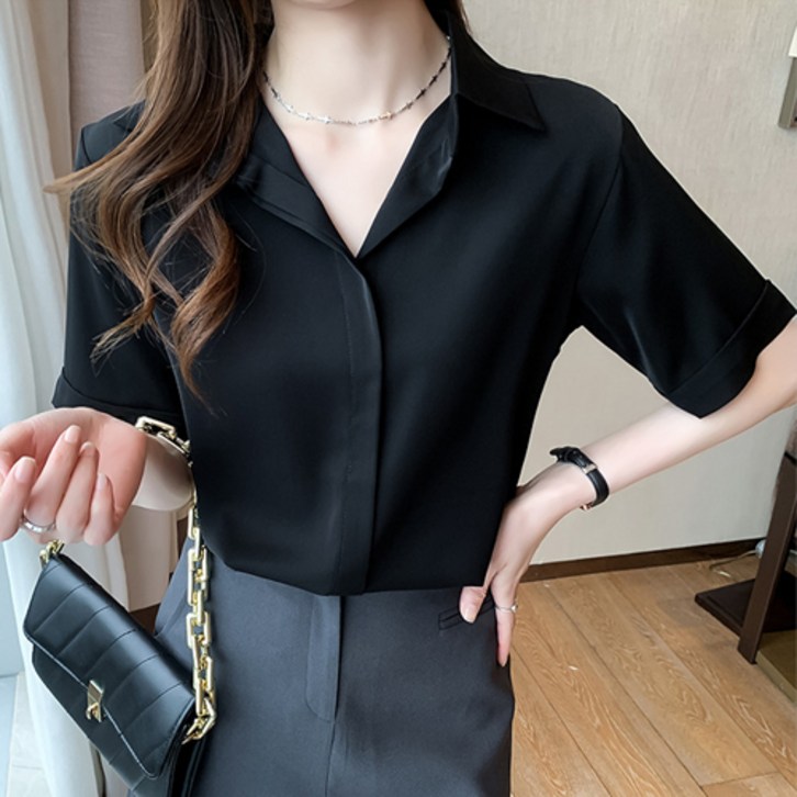 양놀 여성용 여름 쉬폰 V넥 반팔 블라우스 셔츠