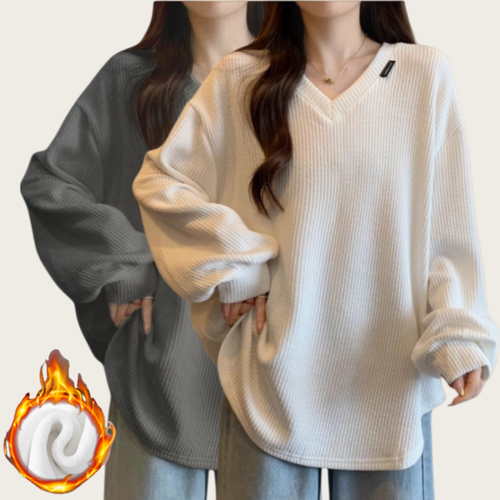 Makone 여성 가을 겨울 브이넥 티셔츠 루즈핏 11 긴팔 기모 맨투맨