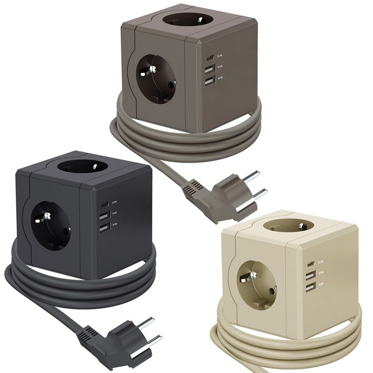 NEW 컬러 에코너 큐브 멀티탭 USB C타입 리드선 3구 멀티콘센트 SF코팅, 샌드베이지, 1개, 1.8m