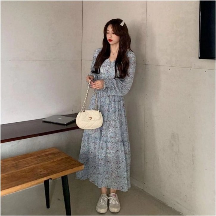 여성 쉬폰 플라워  롱원피스 브이넥 허리 라인 슬림 봄 가을 겨울 원피스 셔링 데이트룩 빅사이즈 원피스~2xl