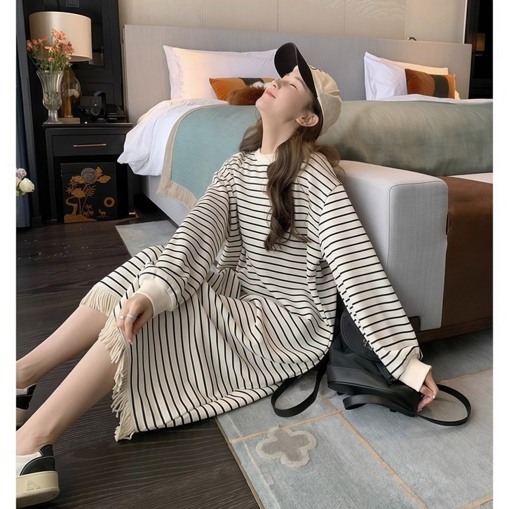 LOVEND 여성 봄 가을 롱원피스 루즈핏 오버핏 캐주얼 원피스 데일리룩