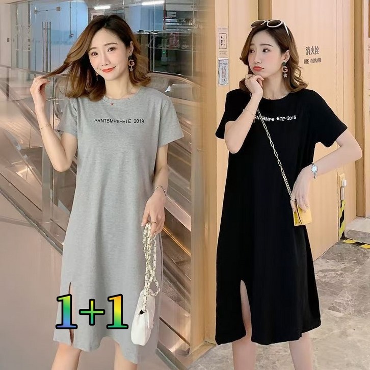 1+1 여성 여름 슬림라인 반팔 롱 원피스 루즈핏
