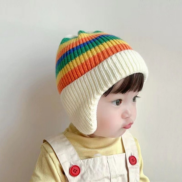 날씨요정 유아용 레인보우 니트 벙거지 귀달이 방한 모자