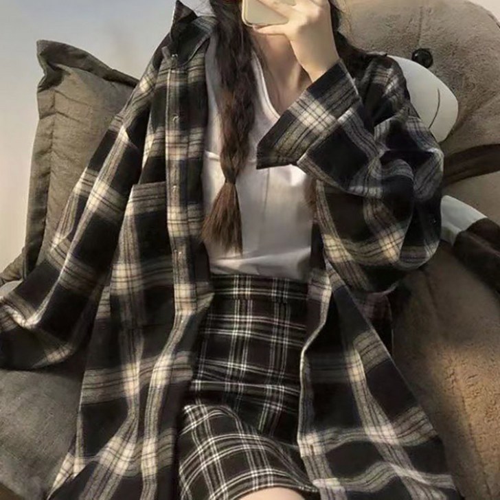 여성 체크 남방 루즈핏 긴팔 비보뉴