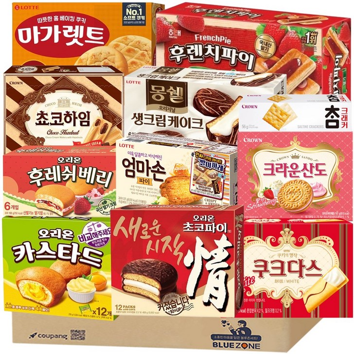 블루존 사무실 탕비실 간식 파이 과자 12종 세트 오리온초코파이카스타드참크래커후레쉬베리엄마손파이몽쉘마가렛트빅파이후렌치파이초코하임쿠크다스화이트딸기산도, 1개 블루존 사무실 탕비실 간식 파이 과자 12종 세트 오리온초코파이카스타드참크래커후레쉬베리엄마손파이몽쉘마가렛트빅파이후렌치파이초코하임쿠크다스화이트딸기산도, 1개