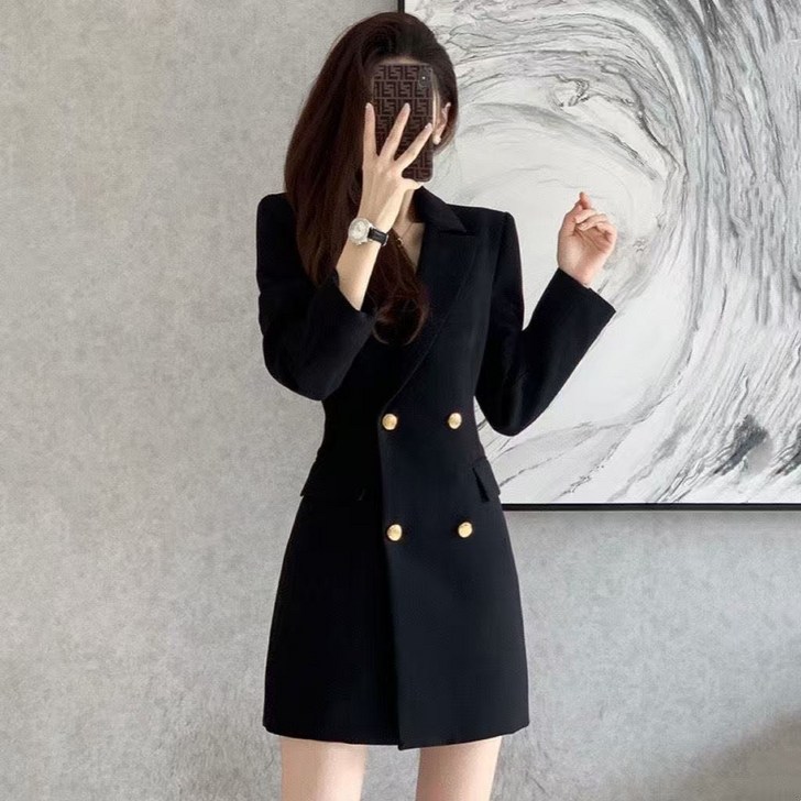 AURALA  여성 정장 원피스 가을 빅사이즈 브이넥 조임 더블 오피스 미디스커트  L092305