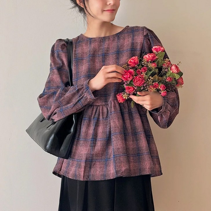 로로텐 체크 플레어 셔링 퍼프 긴팔 블라우스 라운드넥 여성 빅사이즈