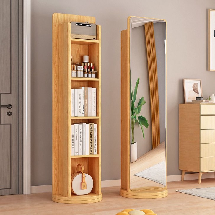 BYOU 원목 전신거울 인테리어 전신거울 360도 양쪽 회전 4단책장
