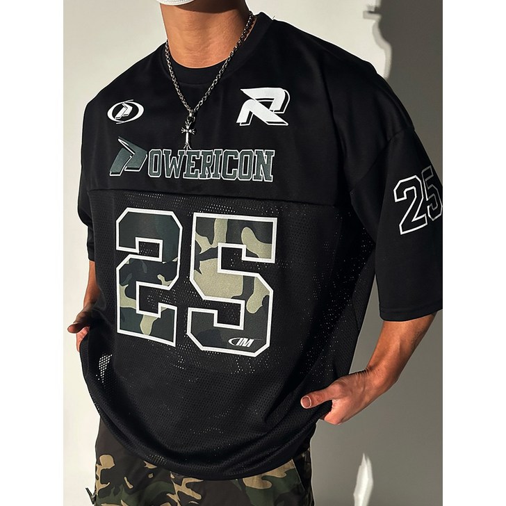 카모 25 럭비 매쉬 반팔 맨투맨 져지 블록코어 오버핏 럭비티 짐웨어