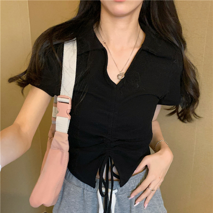 POMTOR 여름 브이넥 여성 티셔츠 슬림핏 반팔티