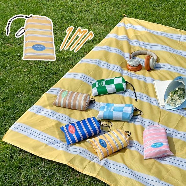 솜솜라이크 여행용 경량 피크닉매트 미니 방수 돗자리, 스트라이프 옐로우
