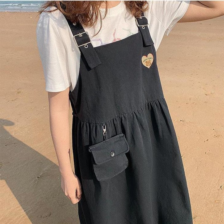 여성 멜빵 원피스 캐주얼 봄 가을 민소매 끈나시 하트 자수 원피스 루즈핏 점프슈트 기질 빈티지 카고 멜빵 원피스 CY