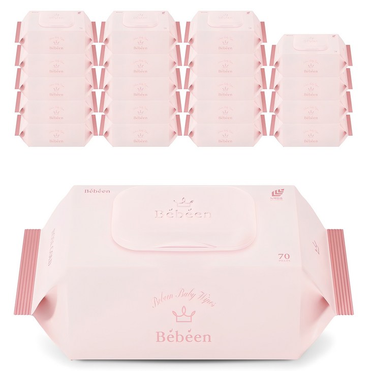 Bebeen 로즈 골드 영유아물티슈 캡형, 75g, 70매, 20개