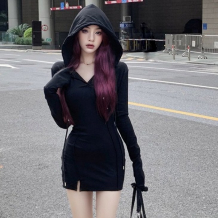 피어니스트 날씬 브이넥 후드 원피스