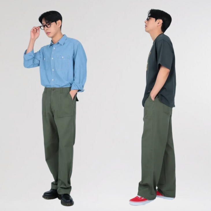 퍼티그 팬츠 아메카지 루즈핏 HBT 남성 와이드 면바지 퍼티그 팬츠 아메카지 루즈핏 HBT 남성 와이드 면바지