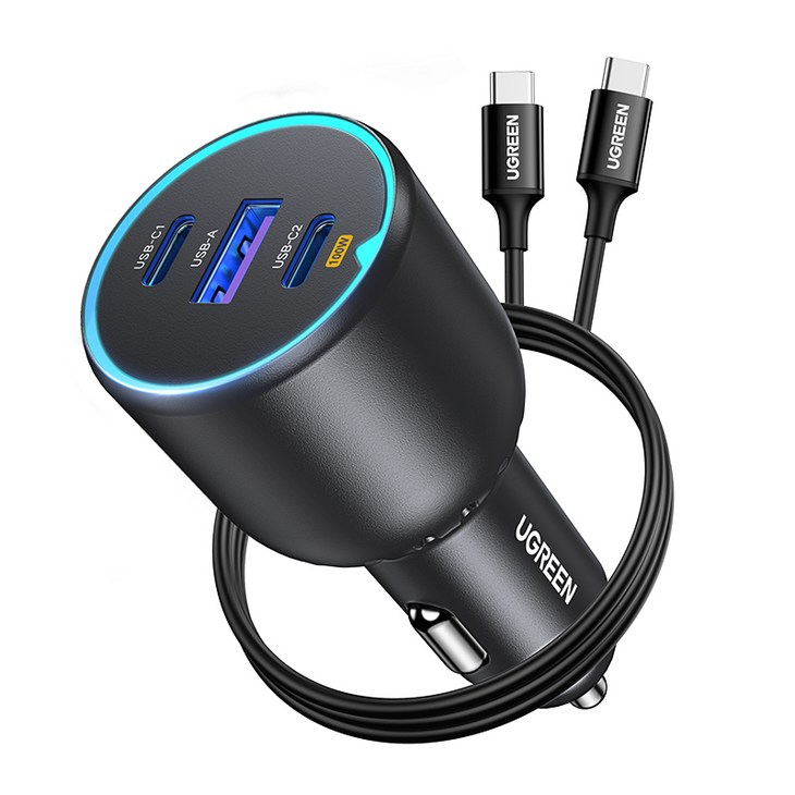 UGREEN 유그린 130W 3포트 차량용 시거잭 고속 충전기 차량용 멀티 고속충전기 C타입 2구A타입 1구1m CC 100w 케이블 동봉, Black