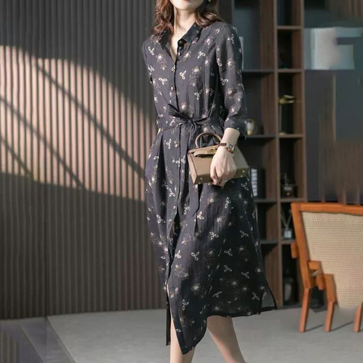ANYOU 원피스 여름 신상 프랑스식 미디엄 롱 원피스 와이드 끈 허리 걷어 날씬해 보이는 꽃무늬 반팔 셔츠 스커트녀 한국 배송 ANYOU 원피스 여름 신상 프랑스식 미디엄 롱 원피스 와이드 끈 허리 걷어 날씬해 보이는 꽃무늬 반팔 셔츠 스커트녀 한국 배송