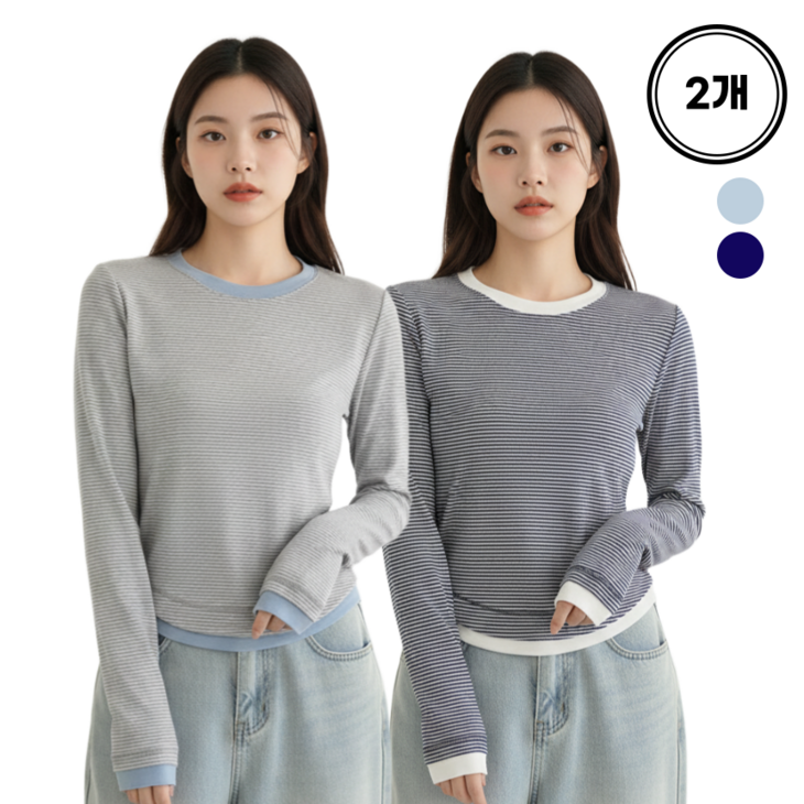 룸앤코지 여성 가을 슬림핏 스트라이프 소매배색 긴팔 티셔츠 세트