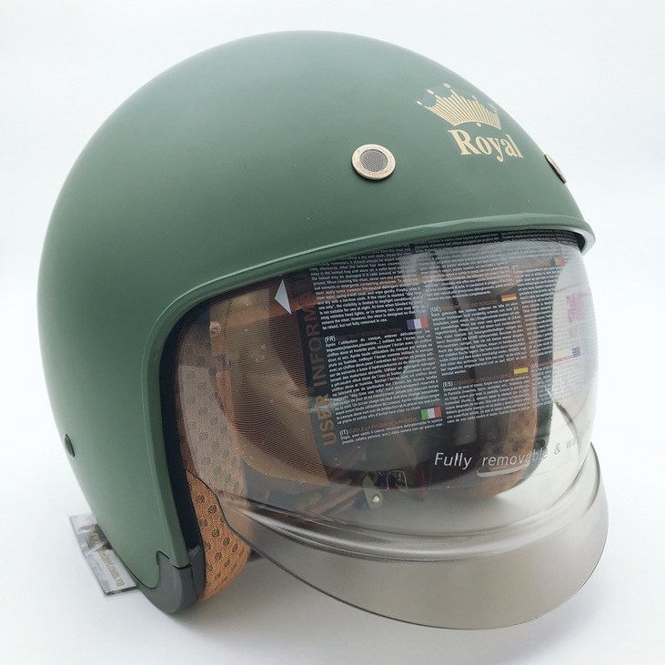 로얄헬멧 오픈페이스 M139 바이크 헬멧 무광 매트 카키 그린 밀리터리 빈티지 하이바 레트로 클래식 텐덤 안전 인증 (기본 쉴드 포함)