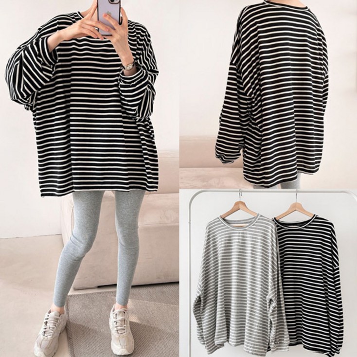 빅사이즈여성의류 비비 단가라 박스 긴팔티 오버핏 스트라이프 롱티셔츠 봄가을 미니원피스