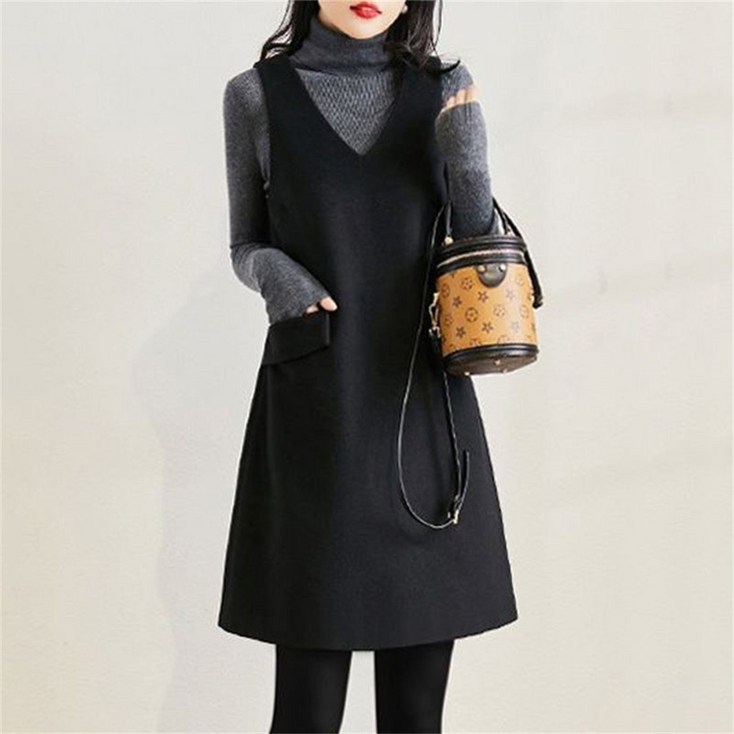 TKX 민소매원피스 여성용 심플한 디자인 가을 겨울용 따뜻한 브이넥 포켓 K51