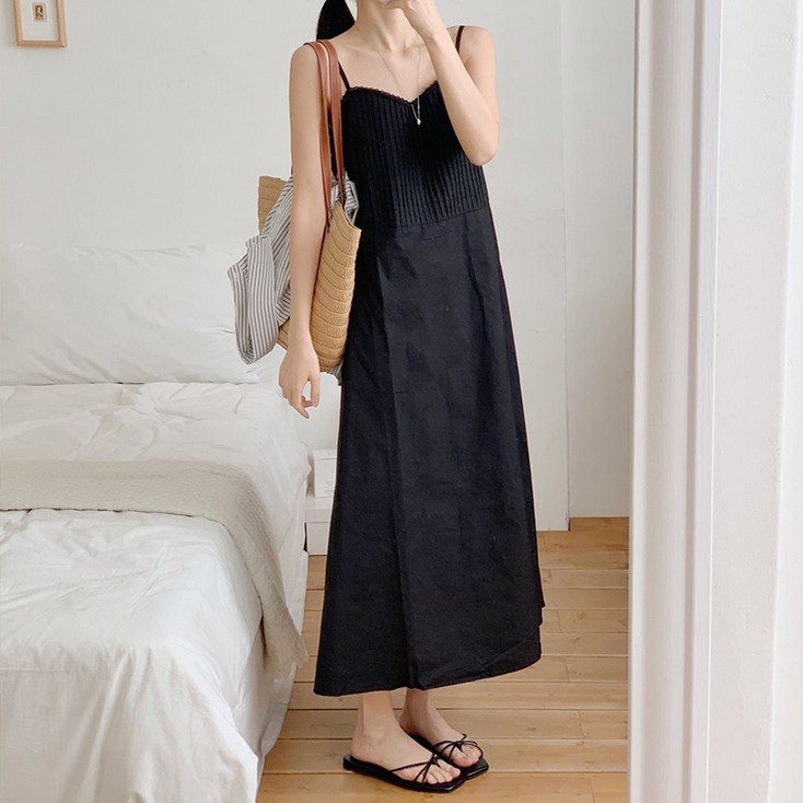 빅사이즈러블리 여성 링클 나시 롱 원피스 나시 빅사이즈 민소매 뷔스티에 하객룩 끈나시