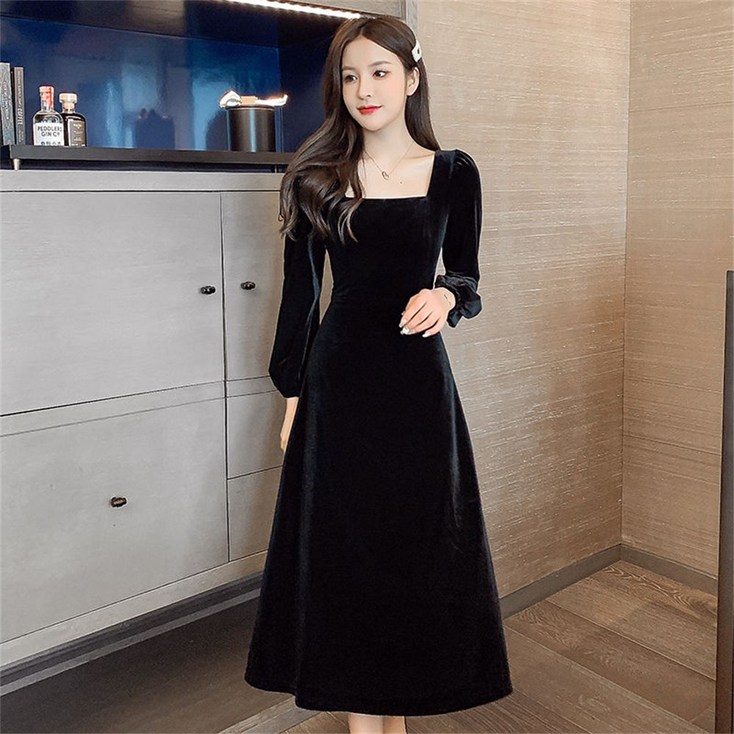 besteffie 롱원피스 여성용 프리미엄 긴소매원피스 스퀘어넥 벨벳 슬림맥시원피스 E15 besteffie 롱원피스 여성용 프리미엄 긴소매원피스 스퀘어넥 벨벳 슬림맥시원피스 E15