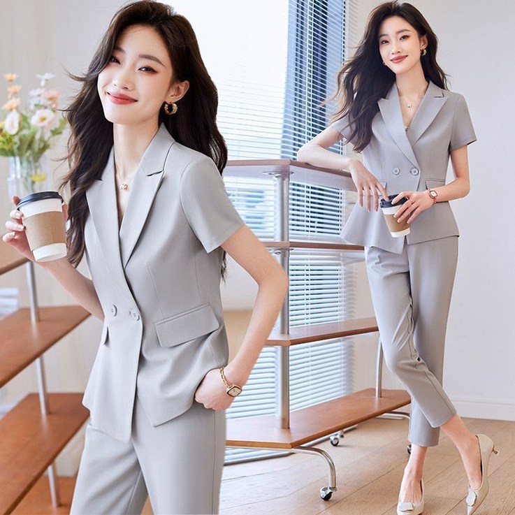 봄여름 데일리 여성 반팔 정장세트 작업복 셋업 출근룩 싱글자켓 슬랙스 봄여름 데일리 여성 반팔 정장세트 작업복 셋업 출근룩 싱글자켓 슬랙스