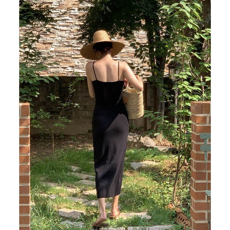 자체제작백리스 이너슬림 홀터넥 끈 나시 롱 니트원피스 블랙 휴양지 니트 뷔스티에 원피스
