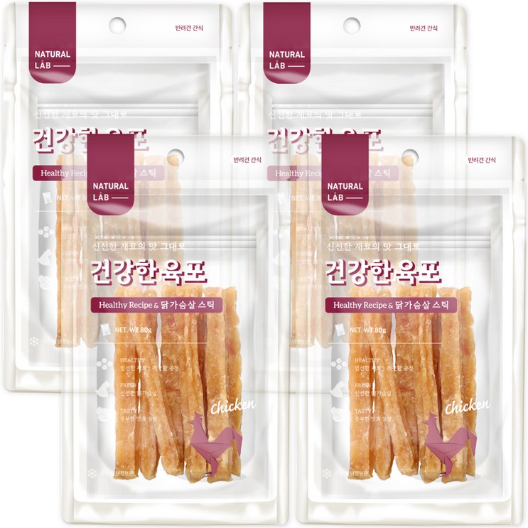 네츄럴랩 강아지 건강한 육포 간식 스틱, 닭가슴살, 80g, 4개