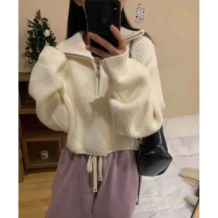 반집업 니트 크롭 스웨터 카라 하이넥