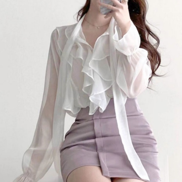 에스알비 봄 신상 프릴 레이어드 루즈 블라우스