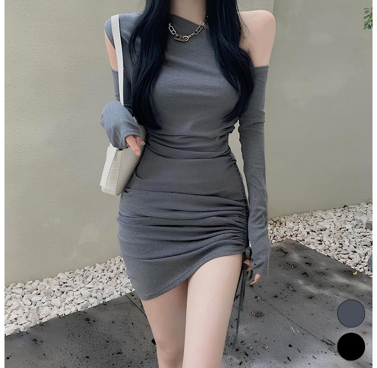 비비에모 슬림 셔링 언발란스 숄더 긴팔 미니 원피스 07144