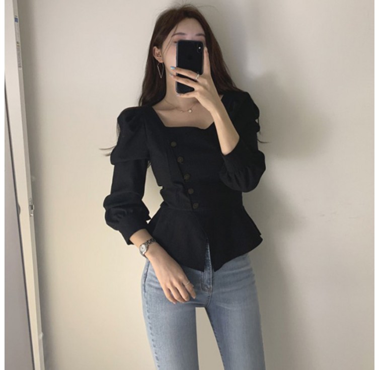 레티고 사선 단추 긴팔 블라우스