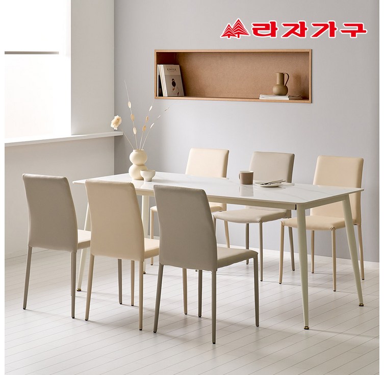 라자가구 파비오 12T 포세린 세라믹 6인용 식탁 의자6개 세트, 화이트상판화이트프레임