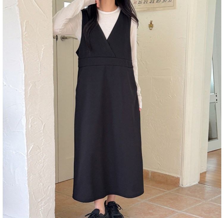 봉봉스토리 여성용 테이즈 레이어드 V넥 포켓 롱 원피스 뷔스티에 타입 데일리룩 임부가능