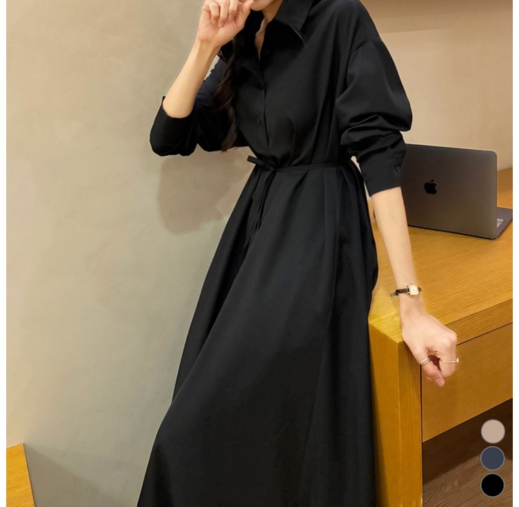 끌로이 여성 셔츠 롱 원피스 허리 스트랩 긴팔 봄 가을 하객룩 데이트룩 체형커버 여성스러운 고급 페미닌룩